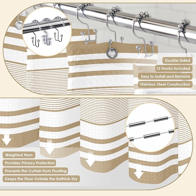 Britimes Beige Bathroom Sets with Shower Curtain and Rugs, Modern Striped Minimalist Style Waterproof Shower Curtain Liner and Soft Non Slip Bath Mat for Bathroom Decor and Accessories Hooks