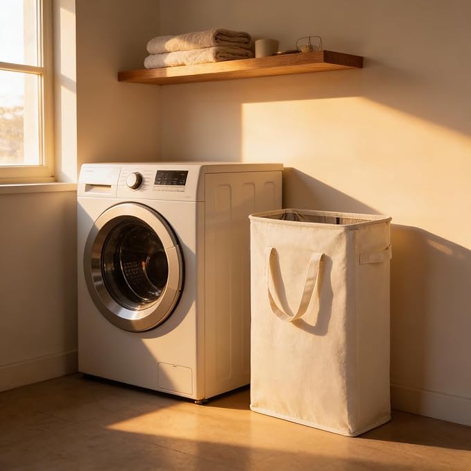 ZERO JET LAG Slim Laundry Hamper With Handles Collapsible Laundry Basket Thin Dirty Clothes Basket Narrow Laundry Bag Foldable Dirty Clothes Hamper 45L (24 inches,Beige)