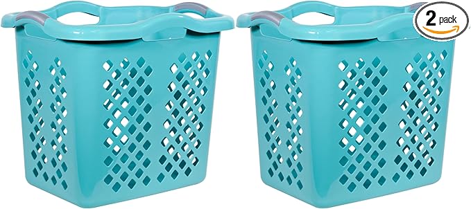 2 Pack Ultra Easy Carry Plastic Laundry Hamper, 2 Bushel Laundry Basket with Silver Handles for Home, Apartment, or Dorm Room, Blue
