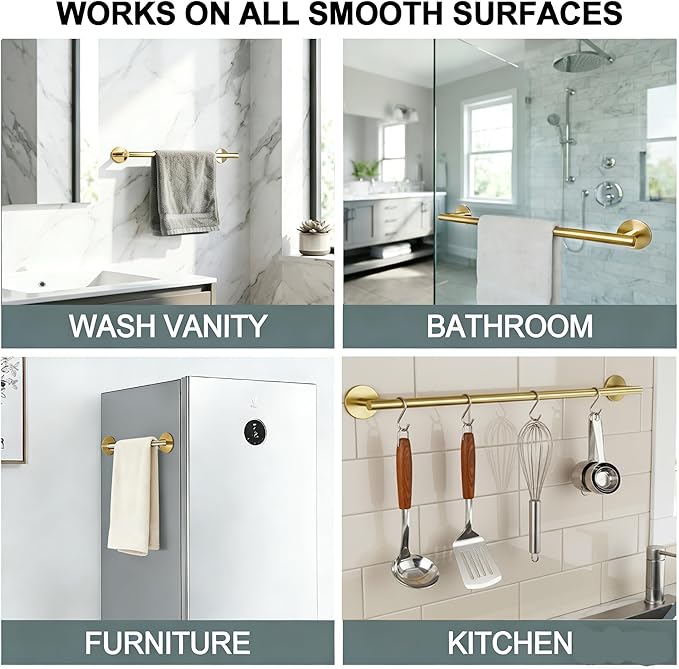 16" Self-Adhesive Brushed Gold Towel Bar - No Drill Stainless Steel Bathroom Kitchen Hand Wall Mount Towel Holder Rack Accesories Hand Towel bar