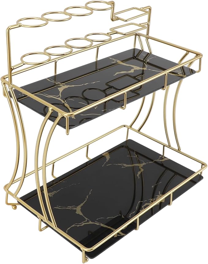 Double Layer Countertop Storage Rack, Bathroom Countertop Organizer with Electric Toothbrush Holder, Iron and Glass Counter Shelf for Toiletries and Cosmetics (Black Background Gold Grain)