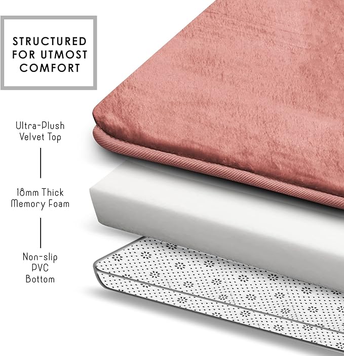 Clara Clark 3 Piece Bathroom Rugs Bath Mat Set, Velvet Memory Foam Bath Mats for Bathroom - Non-Slip, PVC Backing Bath Rugs, Washable - Dries Quickly, Rose