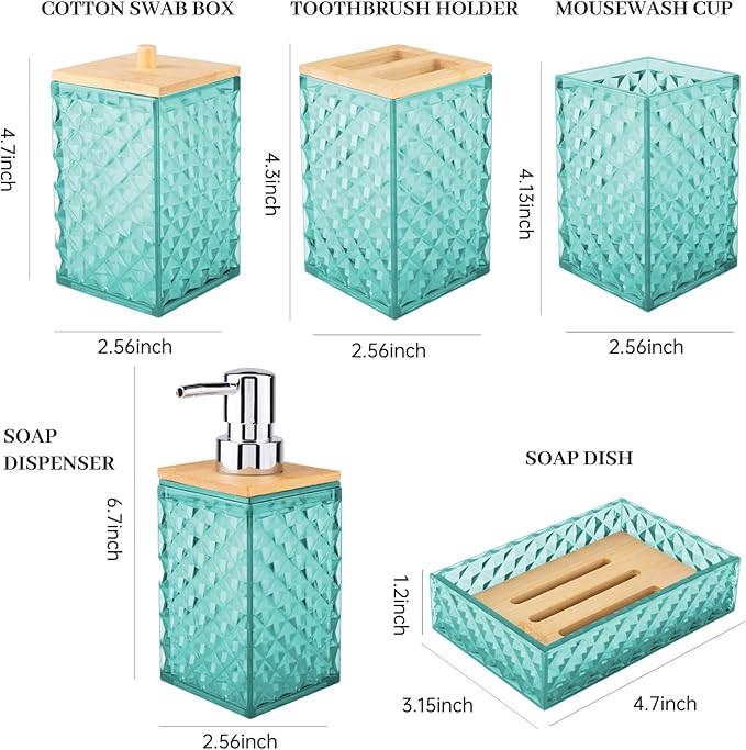 Bathroom Accessory Set, Grid Pattern 5 Pcs Plastic Bathroom Set Include Qtip Holder Dispenser, Soap Dispenser, Soap Dish, Toothbrush Holder, Mousewash Cup, Modern Bathroom Décor Set(Teal)