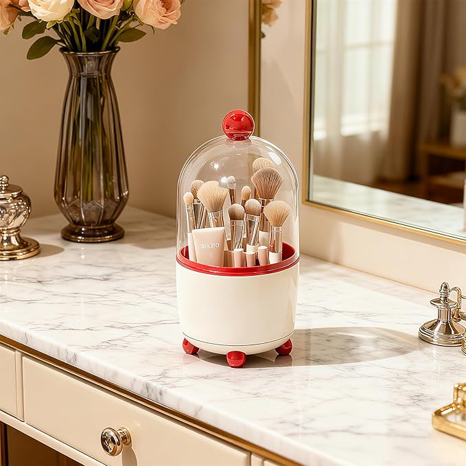 Makeup Brush Holder with Lid, Cosmetic Tools Organizer with Cover, 360?? Rotating Sliding Opening Dustproof Brushes Container for Vanity, Ideal Gift for Girlfriend Wife Friends (Red)