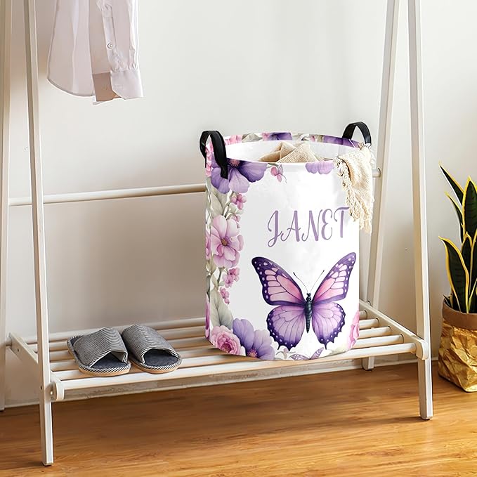 Large Custom Name Laundry Hamper, Butterfly Personalized Dirty Clothes Hamper Storage Basket with Name for Bathroom Bedrooms, Customized Name Circular Hamper with Handles for Baby Boys Girls Men Women