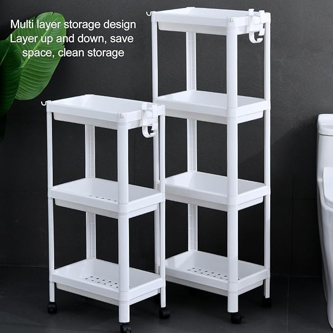 Narrow Freestanding Bathroom Shelf, Space Saving Storage Rack White Laundry Shelf for Bathroom Laundry Room Kitchen Bedroom Compact Areas (3 Layers (with Wheels))