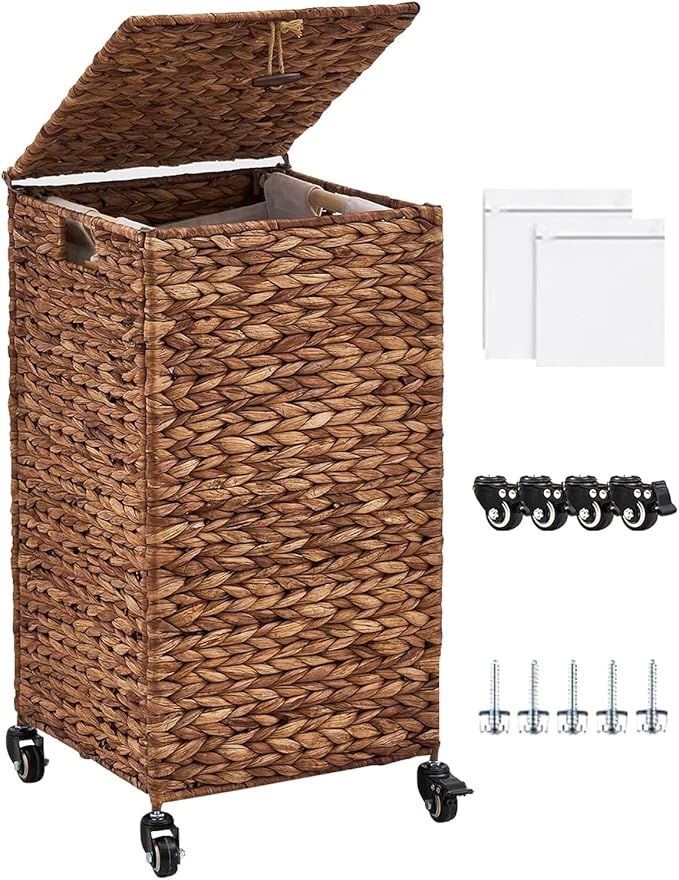 Hand-Woven Laundry Basket with Wheels, Natural Water Hyacinth Laundry Hamper with Lid, Removable & Machine-Washable Liner,Clothes Hamper for Bathroom and Laundry Room(65L,Espresso)