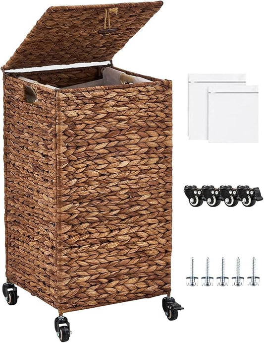 Hand-Woven Laundry Basket with Wheels, Natural Water Hyacinth Laundry Hamper with Lid, Removable & Machine-Washable Liner,Clothes Hamper for Bathroom and Laundry Room(65L,Espresso)