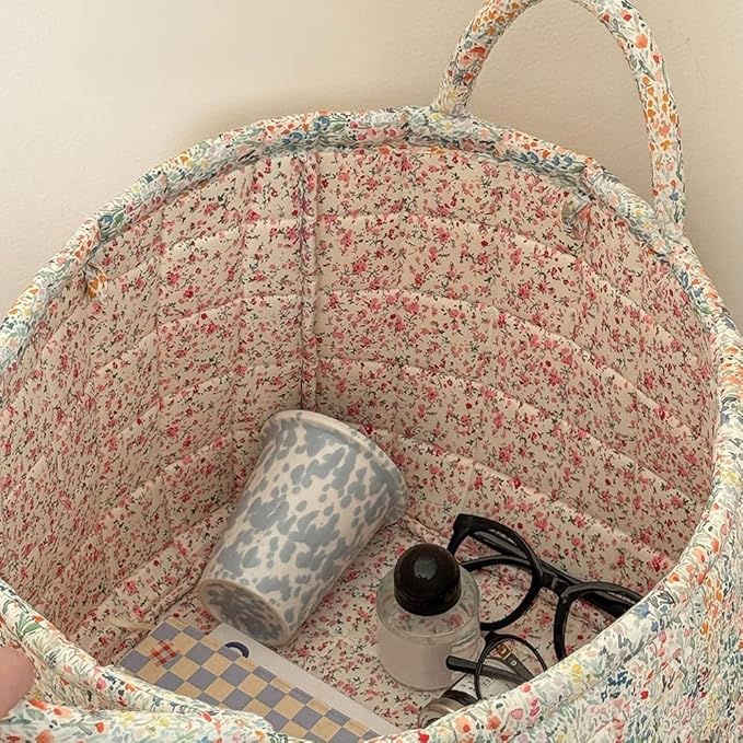 Quilted Fabric Storage Basket Boho Floral Laundry Baskets with Handles Collapsible Quilted Soft Basket for Car, Clothes, Toys Storage