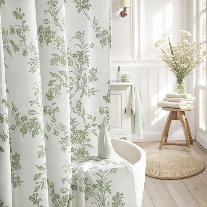 Sage Green Floral Shower Curtain,Vintage Cotton Cottagecore Shower Curtains for Bathroom, 72" W x 72" L