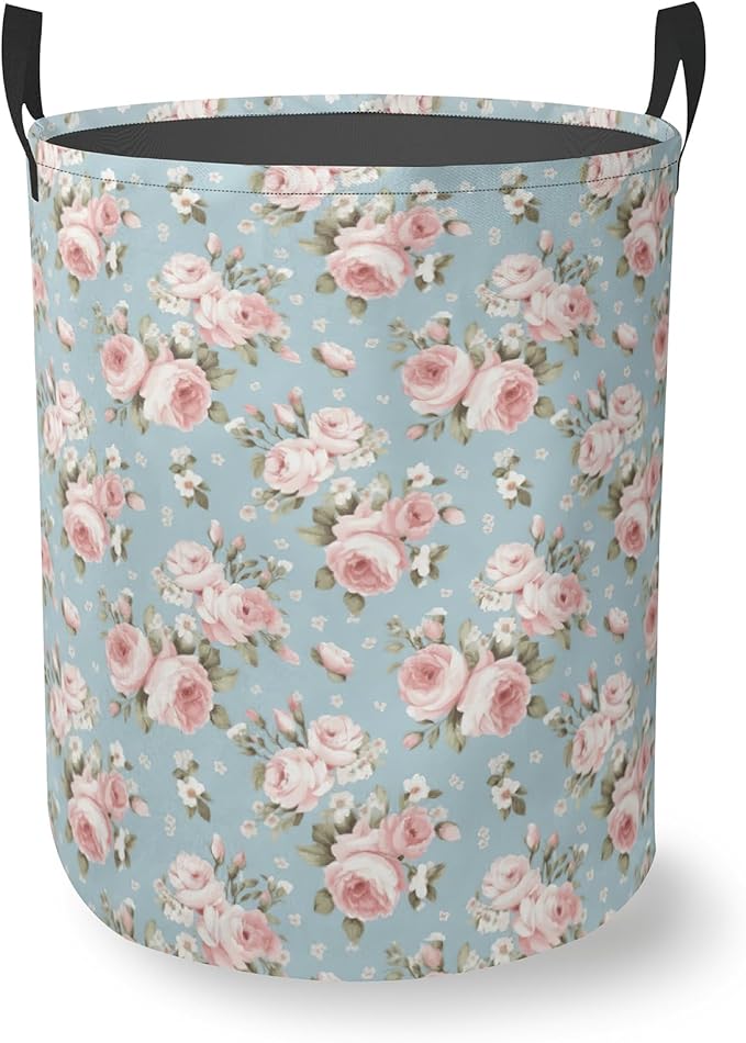 Laundry Basket With Handle, Dirty Clothes Laundry Hamper, Oxford Cloth Bin Storage Organizer for Toy Collection (Pink Flowers)