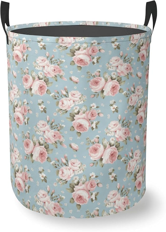 Laundry Basket With Handle, Dirty Clothes Laundry Hamper, Oxford Cloth Bin Storage Organizer for Toy Collection (Pink Flowers)