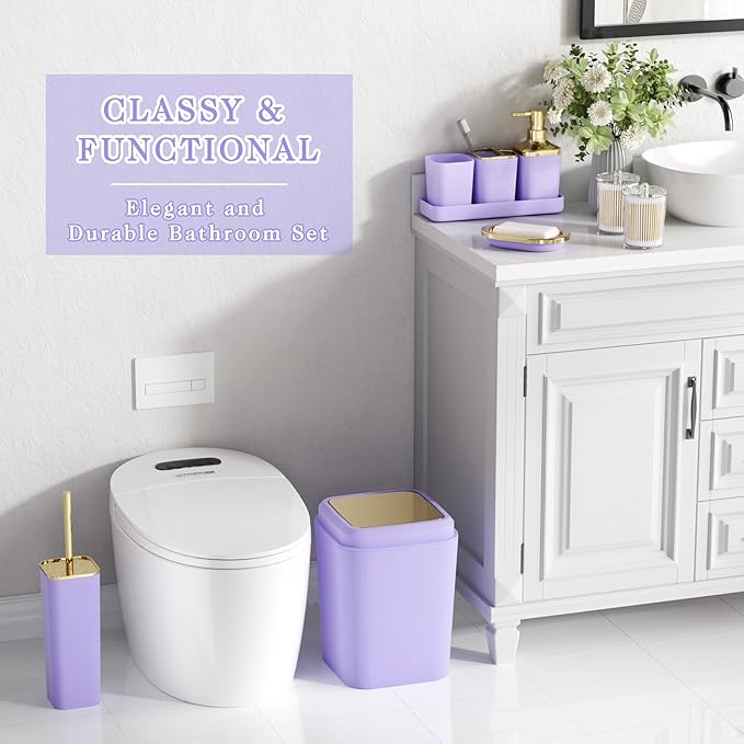 XLHOMO Purple Bathroom Accessories Set, Purple and Gold Bathroom Accessories with Trash Can, Soap Dispenser, Soap Dish, Toothbrush Holder and Q-tip Holders