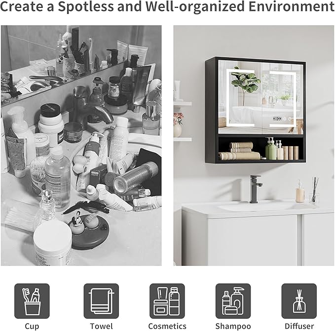 Bathroom Medicine Cabinet with Mirror, Lighted Storage Cabinet Wall Mounted with Doors & Adjustable Wood Shelf, Modern Bathroom Mirror with LED Lights Defogger for Makeup Laundry/Living Room, Black