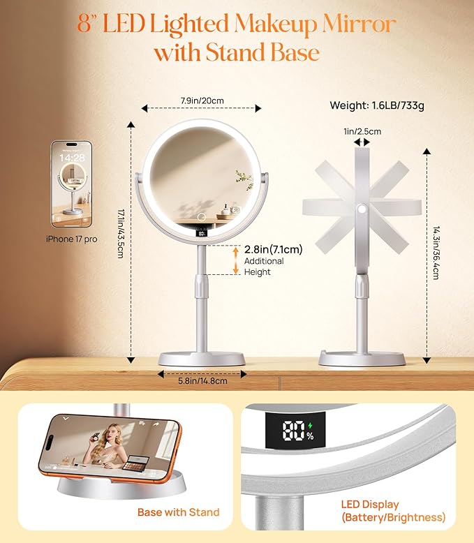 Gospire Plastic Frame 8" Lighted Makeup Mirror with Lights and Magnification, 20X Magnifying Mirror with Light for Makeup Desk, Height Adjustable and Digital Display, Shaving Mirror for Bathroom