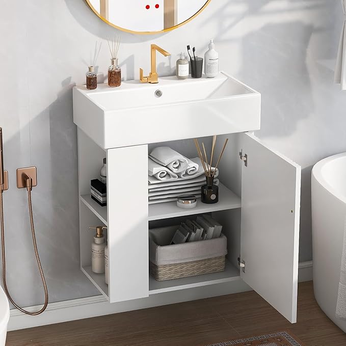 Virubi 21.6 in Floating Bathroom Vanity with Sink,Soft Closing Doors,Solid Wood Frame & MDF Modern Single Small White Bathroom Vanity Cabinet with Open Shelf,Wall Mounted