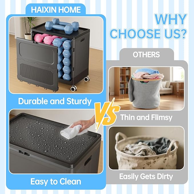 HAIXIN HOME 130L Rolling Laundry Hamper with Lid, Large Plastic Laundry Basket for College Dorm, Foldable Stackable Dirty Clothes Hamper Organizer for Industry, Bedroom, Living Room, Bathroom - Black