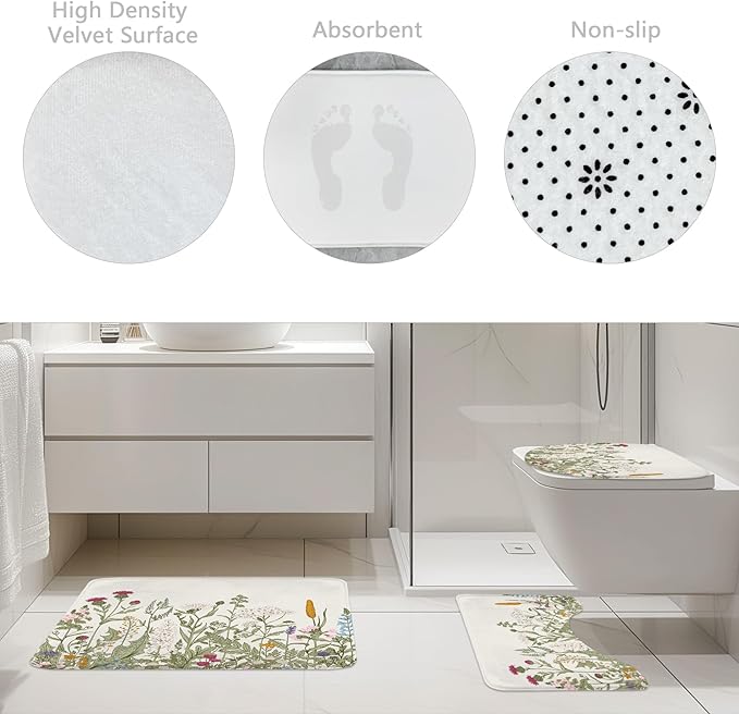 Riyidecor Wildflower Botanical 4Pcs Bathroom Shower Curtain Sets Floral Flower Herbs Green Leaf Bathroom Decor Set with Rugs and Accessories Plant Toilet Lid Rug, Contour and Bath Mat with 12 Hooks