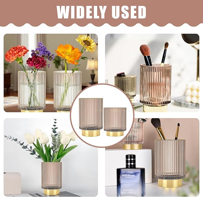 Makeup Brush Holder Organizer, Heavy Crystal Glass Brush Storage Holder, Vintage Cosmetic Make Up Bathroom Brushes Cup Pen Pencil Toothbrush Holder Striped Vase (S+L Pink)