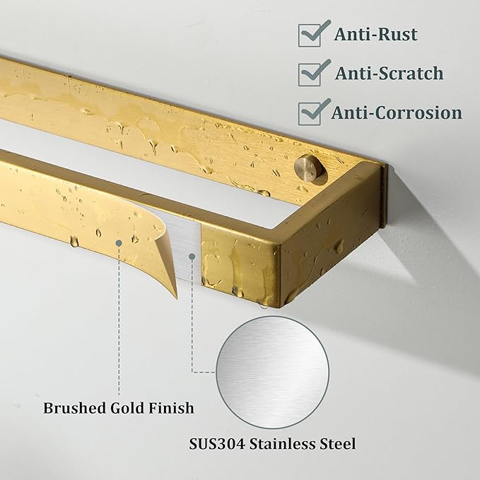Sayayo Brushed Gold Towel Bar for Bathroom Wall, 10 Inch Hand Towel Holder, Screw or Self Adhesive Towel Ring Square SUS304 Stainless Steel, 3.2 Inch Wider Design