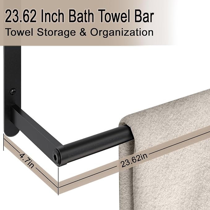 Towel Racks for Bathroom, 24 in Black Towel Shelf with Double Towel Bar, 3 Tier Stainless Steel Towel Storage, Bath Towel Holder Wall Mounted for Lavatory Organizer Decor RV Camping