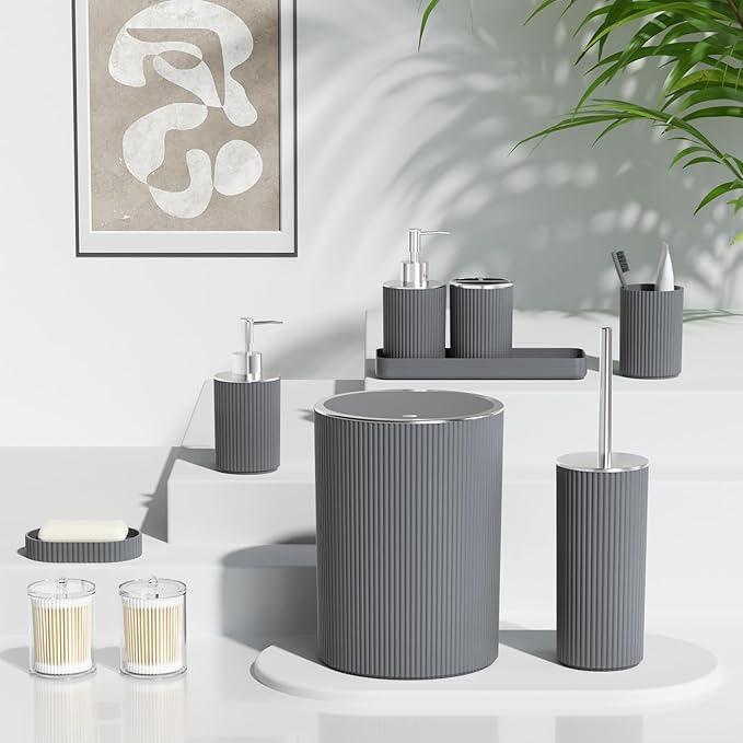 Grey Bathroom Accessories Set, 10PC Bathroom Set, Bath Accessory with Pop Up Trash Can, Soap Dispenser, Toilet Brush, Toothbrush Set Qtip Holders & Tray