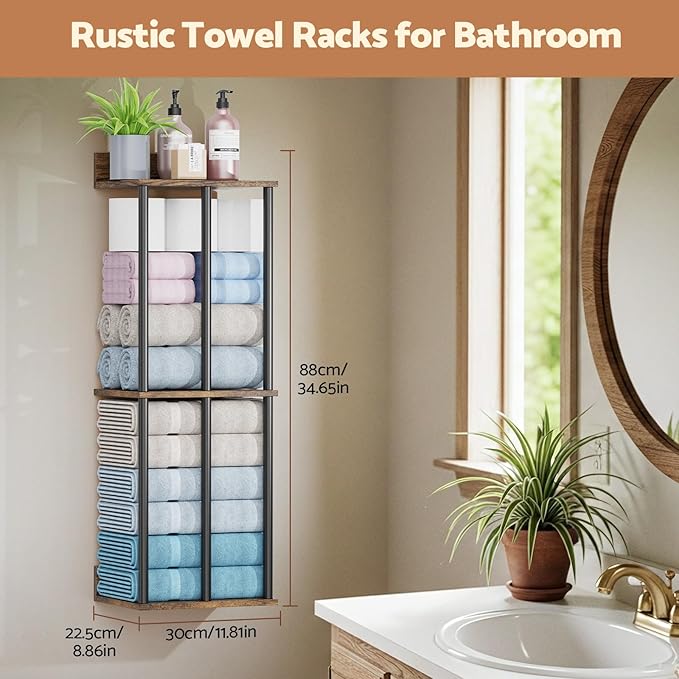 Towel Racks for Bathroom Wall Mounted, Upgraded Bathroom Towel Holder Bath Storage Rack for Rolled Towel, Small Towels, Folded Towels, Rustic Organizer Rack with Shelf