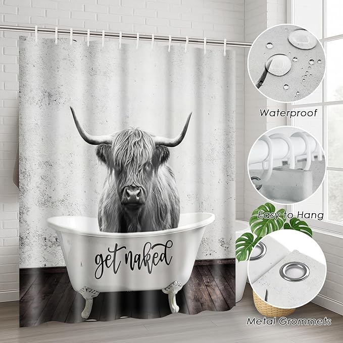 Highland Cow in Bathtub Shower Curtain Set with Toilet Lid Cover and Non-Slip Rugs, Get Naked Grey 4 Pcs Shower Curtain with 12 Hooks, Funny Bathroom Set with Rugs and Accessories