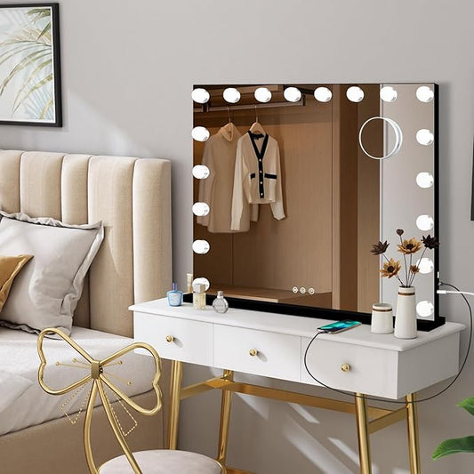 Moonee Black Vanity Mirror with Lights, Hollywood Lighted Makeup Mirror with 18 Dimmable Bulbs and 10X Magnification, 3 Colors Modes, Aluminum Metal Frame, Light Up Mirror for Tabletop/Wall（32" x 24"）