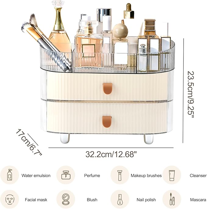Makeup Organizer Countertop with 2 Drawers and 1 Clear Tray Stackable Skincare Cosmetics Storage Box for Vanity and Bathroom Countertop