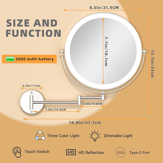 8.5" Wall Mounted Makeup Mirror with Light, 2000mAh Rechargeable Double Sided 1X / 10X Magnifying Vanity Mirror, 3 Color Lights Touch Dimmable 360° Rotation Bathroom Mirror, Chrome