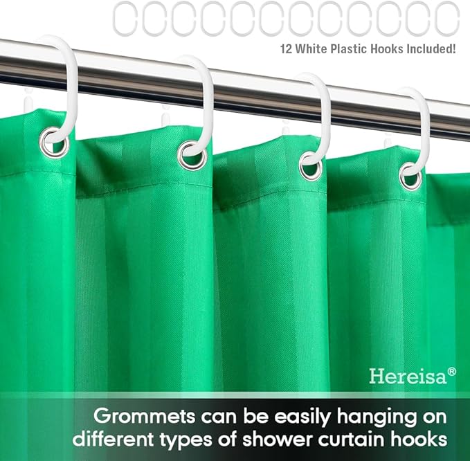 Strip Green Fabric Shower Curtain with Magnets - 85 GSM Heavy Duty Waterproof Bath Curtain, 12 Reinforced Metal Grommets (72x72 Inches)