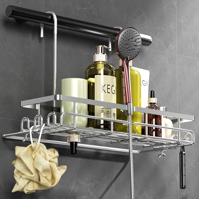 KEGII Hanging Shower Organizer - Shower Rack Hanging Rustproof, Shower Chair Caddy with Shower Head Holder for Post-Surgery Patient/Elderly User, Hanging Shower Basket on Bath Seat