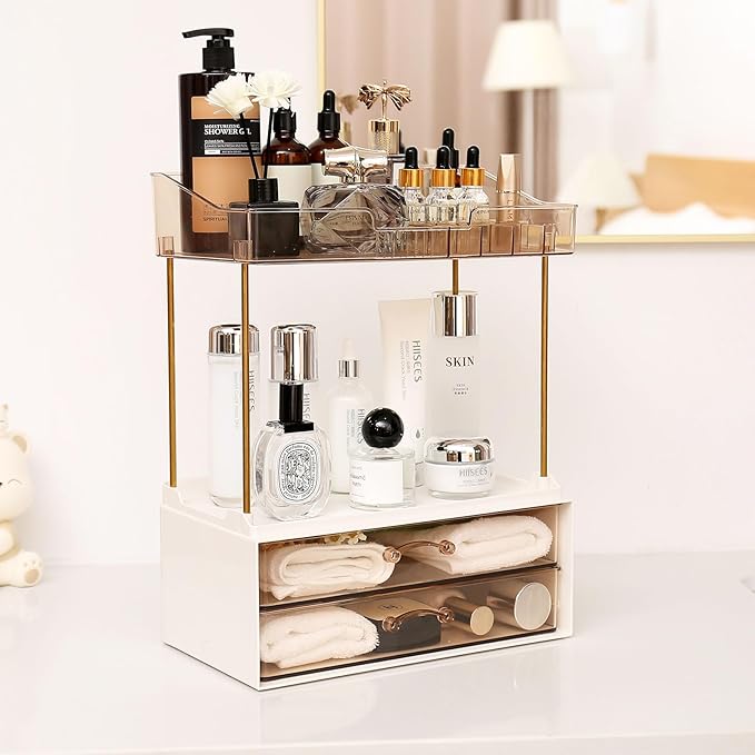 Elegant 2-Tier 2-Drawer Bathroom Countertop Organizer, Multi-Purpose Makeup & Skincare Organizer, Champagne Gold