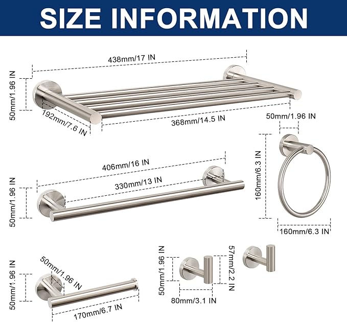 NearMoon Bathroom Accessories Set 6 Pieces, SUS304 Stainless Steel Bathroom Hardware Set, Shower Towel Rack for Kitchen, Towel Holder Wall Mounted (16 Inch, Brushed Nickel)