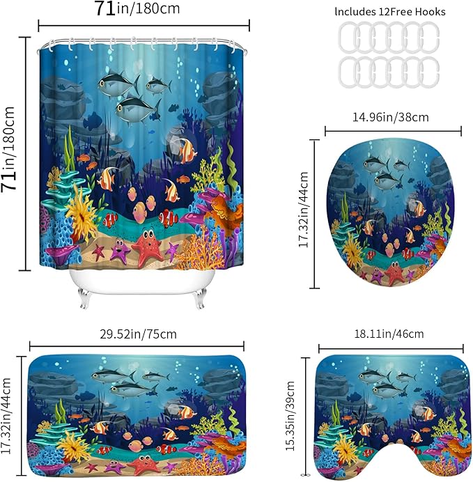 Colorful Fish Underwater Shower Curtain Set, 4 Piece Bathroom Decor with 12 Hooks, Vibrant Marine Life Bath Curtain