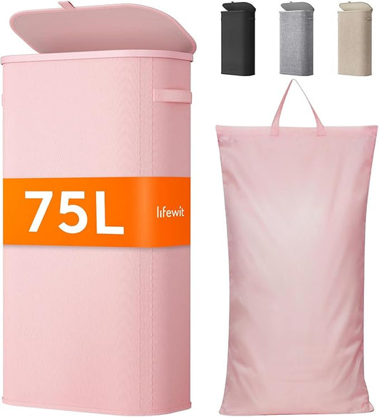 Lifewit 75L Slim Laundry Basket with Lid, Narrow Large Laundry Hamper with Plastic Handles and Removable Bag, Tall Foldable Dirty Clothes Hampers for Laundry Room, Bedroom, Bathroom, Dorm, Pink