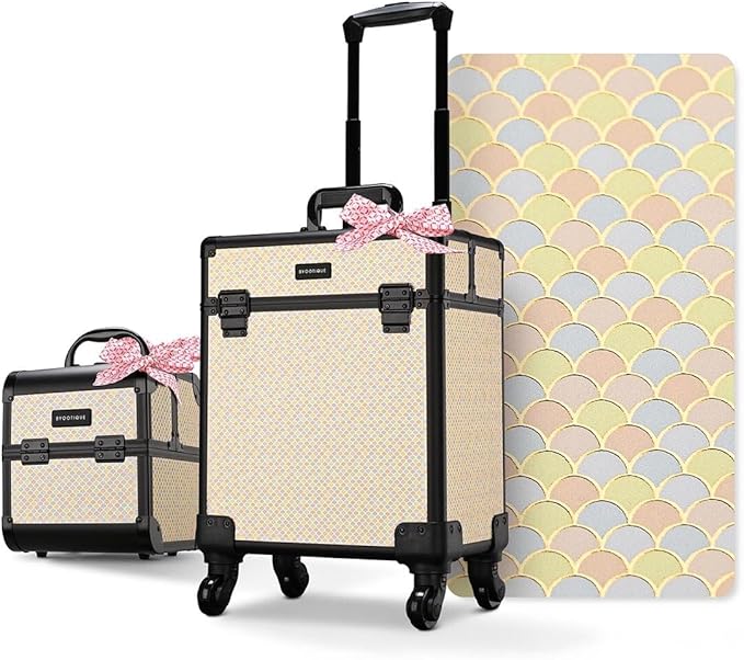 BYOOTIQUE 2-Piece Makeup Train Case Cosmetic Organizer Kit Art Deco Pastel