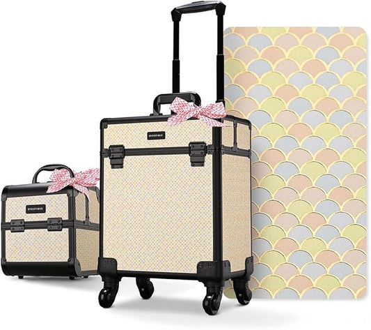 BYOOTIQUE 2-Piece Makeup Train Case Cosmetic Organizer Kit Art Deco Pastel