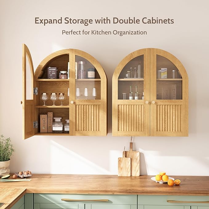 Arched Bathroom Wall Cabinet, 24 x 28 Inch Over The Toilet Storage Cabinet with Glass Door, Fluted, Adjustable Shelf, Wall Mounted Floating Wooden Medicine Cabinets for Bathroom Laundry Room, Natural