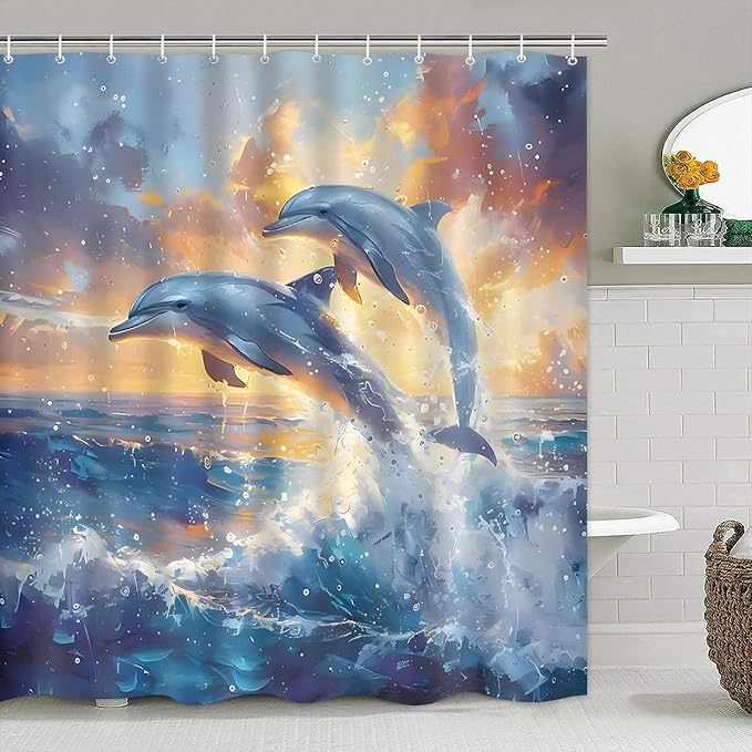 Yizheer 4Pcs Dolphin Shower Curtain Sets,Ocean Scenery Marine Life Sunset Theme Bathroom Curtain with Rugs, Toilet Lid Cover and Bath Mat