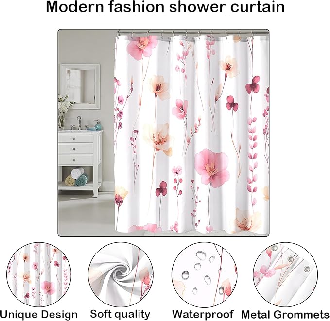 Pink Floral Shower Curtain, Watercolor Flower Shower Curtains for Bathroom, Modern Minimalist Waterproof Fabric Bath Decoration 72x72 Inch