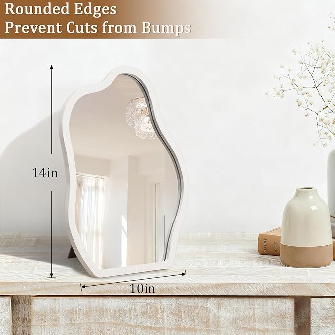 Desk Mirror Cloud Irregular Table Mirrors Free Standing with Wood Frame 14" L x 10" W Portable Ornate Countertop High-Definition Make Up for Vanity Living Room Bedroom Tabletop