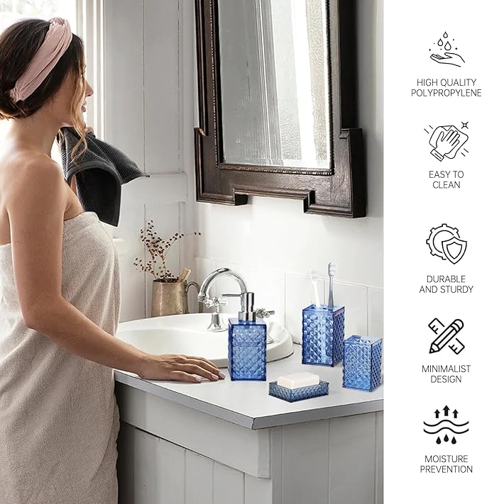 Bathroom Accessory Set, Grid Pattern 5 Pcs Plastic Bathroom Set Include Toilet Bursh, Soap Dispenser, Soap Dish, Toothbrush Holder, Mousewash Cup, Modern Bahtroom Décor Set(Dark Blue)