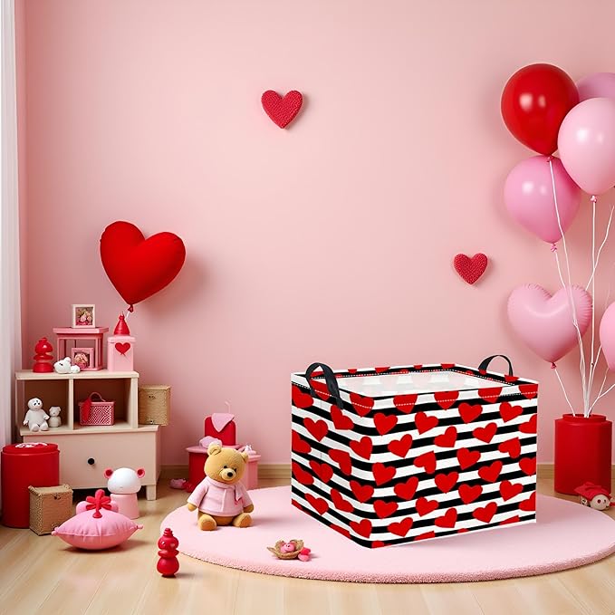 Rectangular Valentines Basket for Women Girls Storage Bin Organizer Box Shelf Room Decor(Black Red Heart)