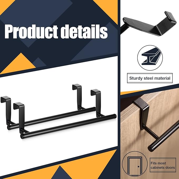 2 Pack Towel Rack for Cabinet, Over Cabinet Bar, Strong Steel Towel Holder, 9 Inch for Home Kitchen Bathroom Doors(Black)