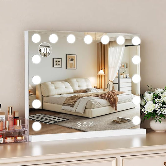 Vanity Mirror with Lights, 23"×18" Large Hollywood Makeup Mirror with 15 Dimmable Bulbs, 3-Color Lighting, Dimmable, 10x Magnification, Desk Mirror, Bedroom (White)