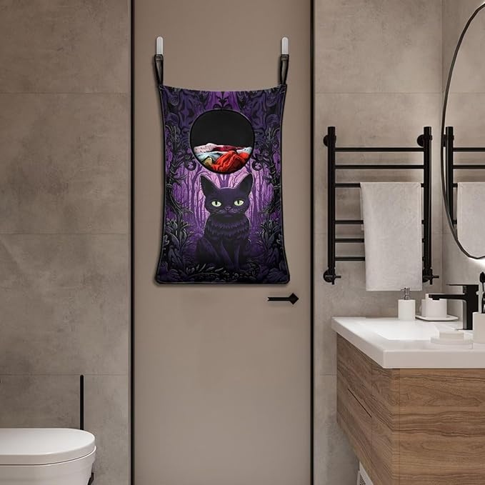 ZOUTAIRONG Halloween Black Cat Hanging Laundry Hamper Laundry Bag Washable Dirty Hamper for Clothes Large Laundry Basket Toys Storage Organizers for Home Bedroom Bathroom Purple