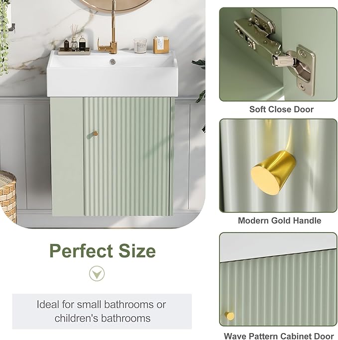 Virubi 21.6 in Floating Bathroom Vanity with Sink,Soft Closing Doors,Solid Wood Frame & MDF Modern Single Small Green Bathroom Vanity Cabinet with Open Shelf,Wall Mounted