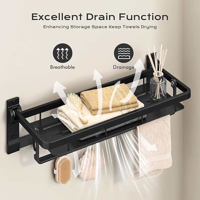 Rust-Proof Floating Shelves Organizer With Foldable Towel Bar 5 Towel Hooks Wall Mounted Organizer 23-Inch Towel Racks For Bathroom Lavatory Kitchen Rv Home Decor, Matte Black